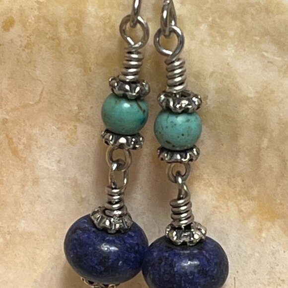 Lapis Lazuli & Turquoise Stone Earrings, Boho Gemstone Dangle Earrings - Picture 6 of 6